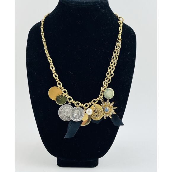 J.Crew Coin Charm Necklace Crystal Star Black Chunky Gold Heavy Rare Unique Disc - Picture 1 of 16